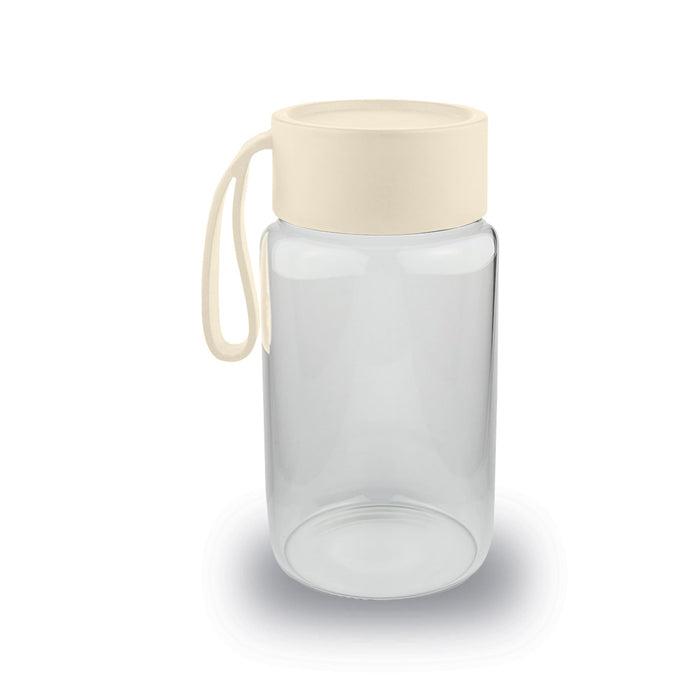 Kyoto Glass Bottle - A drink bottle featuring a clear glass body and a cream-coloured cap with a handle.