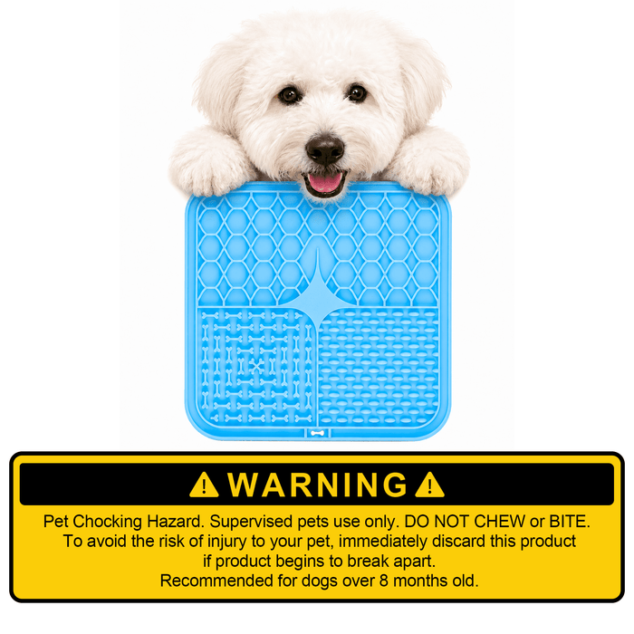 3-Section Dog Enrichment Lick Mat - A blue, three-section dog enrichment lick mat with a small dog resting its head on top. The mat has a brand logo.