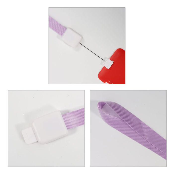 Retractable Lanyard - A retractable lanyard in lavender with a red attachment and white casing. Features a smooth retracting mechanism.
