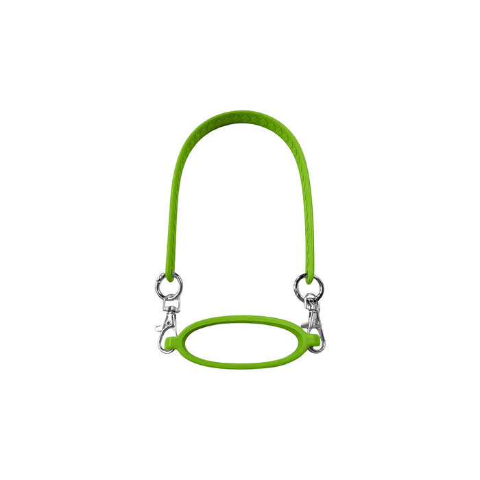 Silicone Cup Carry Strap - A drink bottle carry strap in vibrant green with metal clips for attachment, featuring a rounded grip.