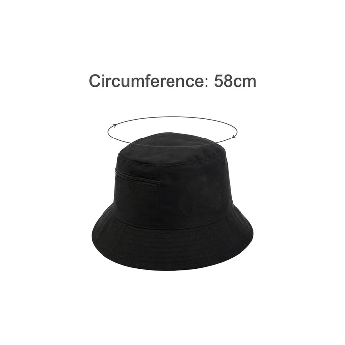 Bucket Hat with Card Pocket - A black bucket hat featuring a card pocket and a circumference of 58cm. It has a simple, sleek design.