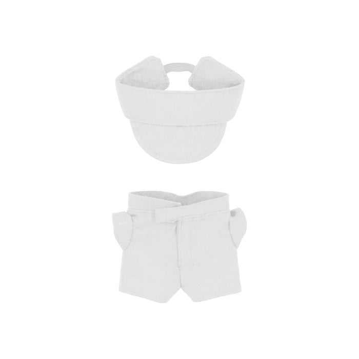 Plush Doll Racing Suit Set (10cm Doll) - A plush doll outfit set featuring a white racing suit and matching cap, suitable for 10cm dolls, with a logo.