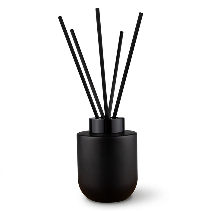 Botanical Reed Diffuser – 150ml - A black botanical reed diffuser with five black reeds, designed for fragrance dispersal.