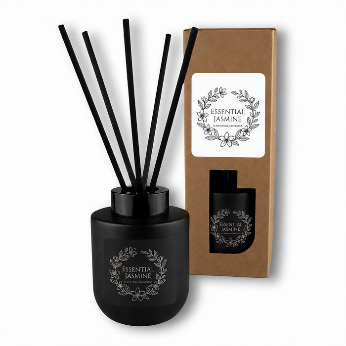 Botanical Reed Diffuser – 150ml - A black botanical reed diffuser with essential jasmine scent, featuring black reeds and a decorative box.