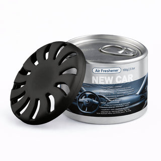 Air Freshener – New Car - A silver tin of air freshener with a black lid, designed to emit a ‘new car’ scent.