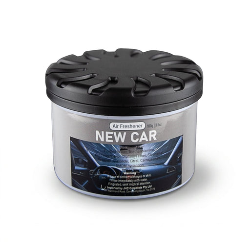 Air Freshener – New Car - A black-lidded container of air freshener with a label featuring a car interior design.