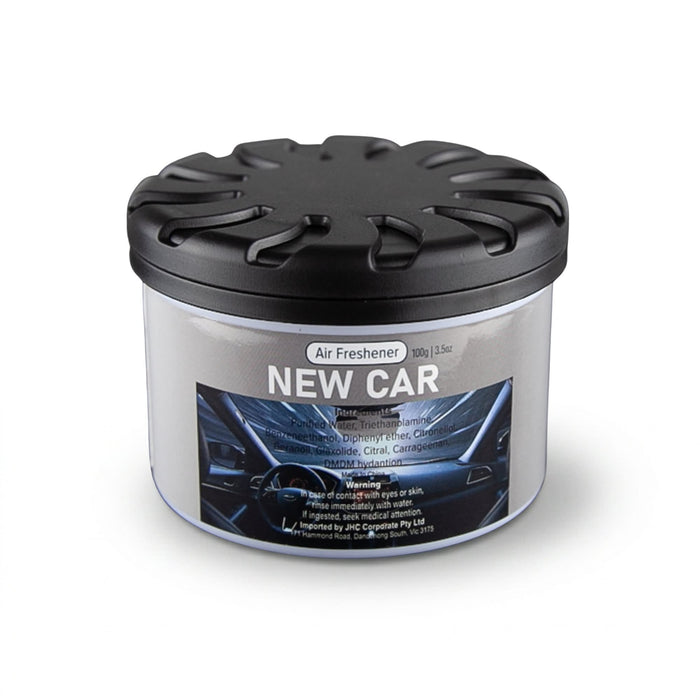 Air Freshener – New Car - A black-lidded container of air freshener with a label featuring a car interior design.