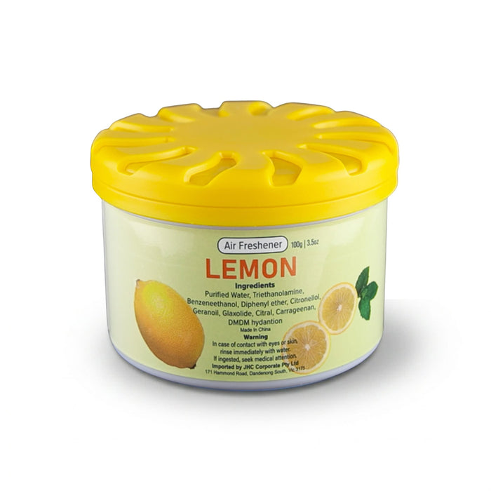 Air Freshener – Lemon - A cylindrical container of air freshener in yellow, with a lemon scent, featuring a logo and ingredients list.