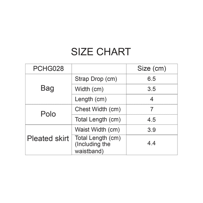Plush Doll Uniform Set (15–17cm Doll) - A size chart listing measurements for a bag, polo, and pleated skirt, with dimensions provided in centimetres.
