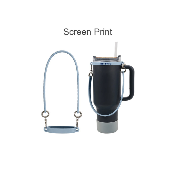 Silicone Cup Carry Strap - A drink bottle with a dark body and light blue silicone carry strap featuring metal attachments.