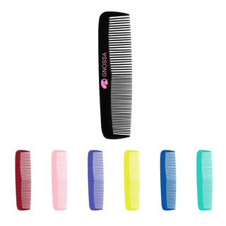 Custom Blended-Tooth Comb - A black comb with fine and wide teeth, featuring a logo, alongside combs in red, pink, yellow, blue, and green.