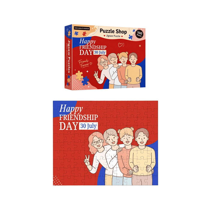 Custom Gift Box Jigsaw Puzzle - A custom gift box containing a jigsaw puzzle featuring a colourful design with four cartoon friends and a red background.