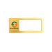 Reusable Metal Name Badge - A rectangular reusable metal name badge in gold with a window for a name and a logo in the corner.