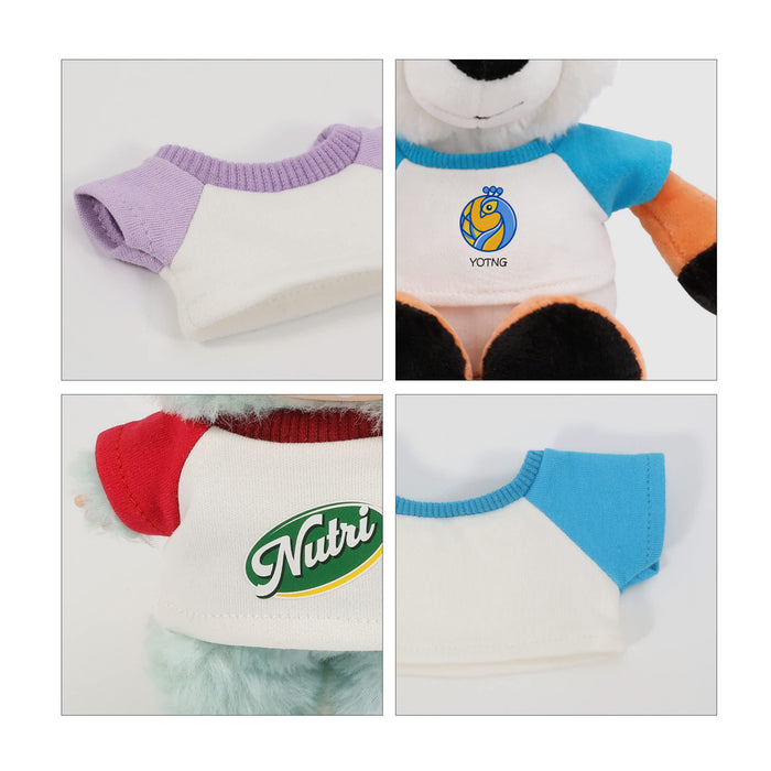Plush Doll Raglan T-Shirt - Plush doll raglan t-shirts in purple, red, and light blue, featuring various logos on white fabric.