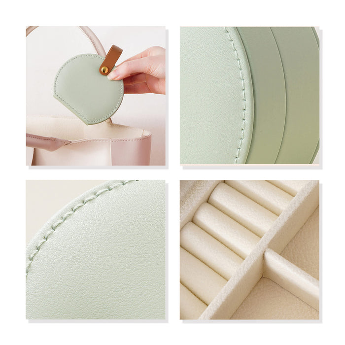 Small Portable PU Leather Jewellery Box - A small, round mint green PU leather jewellery box with a snap closure and an interior compartment for rings.