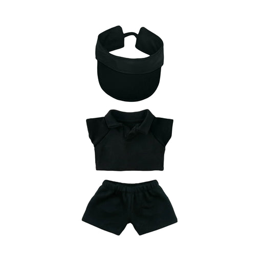 Plush Doll Racing Suit Set (15–17cm Doll) - A black plush doll racing suit set featuring a visor, short-sleeved polo, and shorts, suitable for 15–17cm dolls.