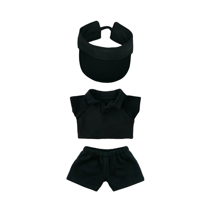 Plush Doll Racing Suit Set (15–17cm Doll) - A black plush doll racing suit set featuring a visor, short-sleeved polo, and shorts, suitable for 15–17cm dolls.