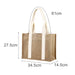 Custom Handle Jute Tote Bag - A jute tote bag in natural beige with white handles, featuring measurements for size reference.