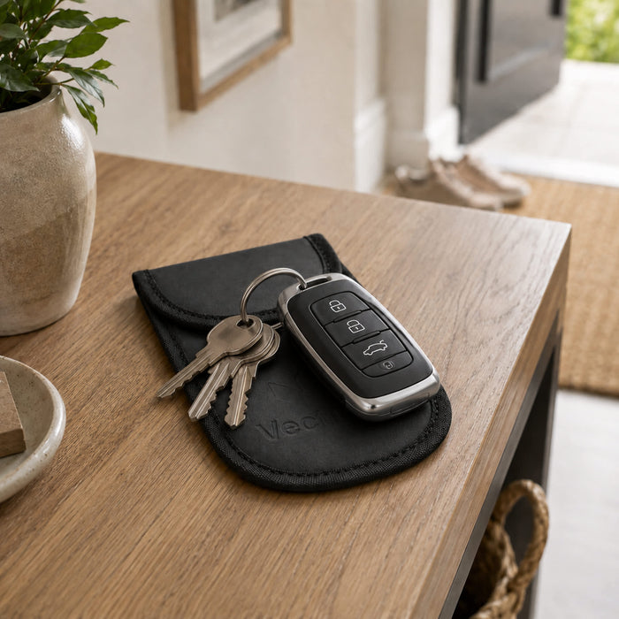 PU Faraday Signal Blocking Pouch - A black PU Faraday signal blocking pouch resting on a wooden table, holding a car key and some keys.