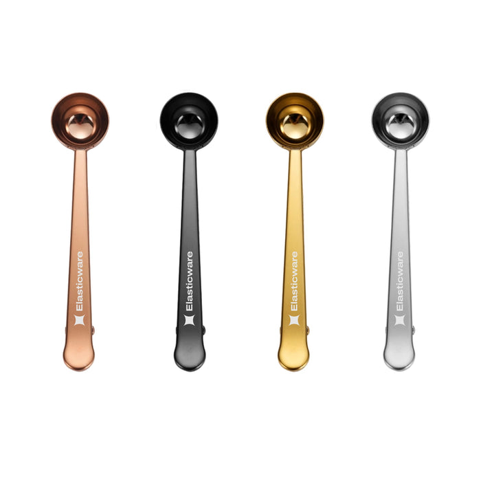 Coffee Measuring Spoon With Clip - Coffee measuring spoons in copper, black, gold, and silver, with clips and a logo on the handles.