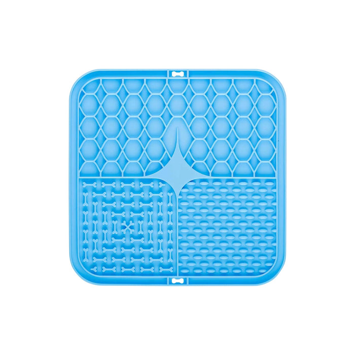 3-Section Dog Enrichment Lick Mat - A blue, square dog enrichment lick mat divided into three textured sections. Features hexagonal, bone, and dot patterns.