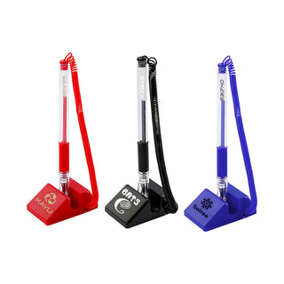 Counter Fixed Signature Pen A - A counter fixed signature pen set featuring red, black, and blue pens attached to bases with branding logos.