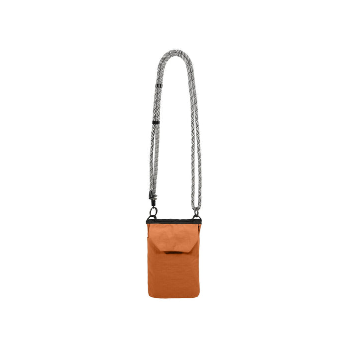 Minimalist Crossbody Phone Bag - An orange minimalist crossbody phone bag with a patterned strap and a front pocket. It features a logo.