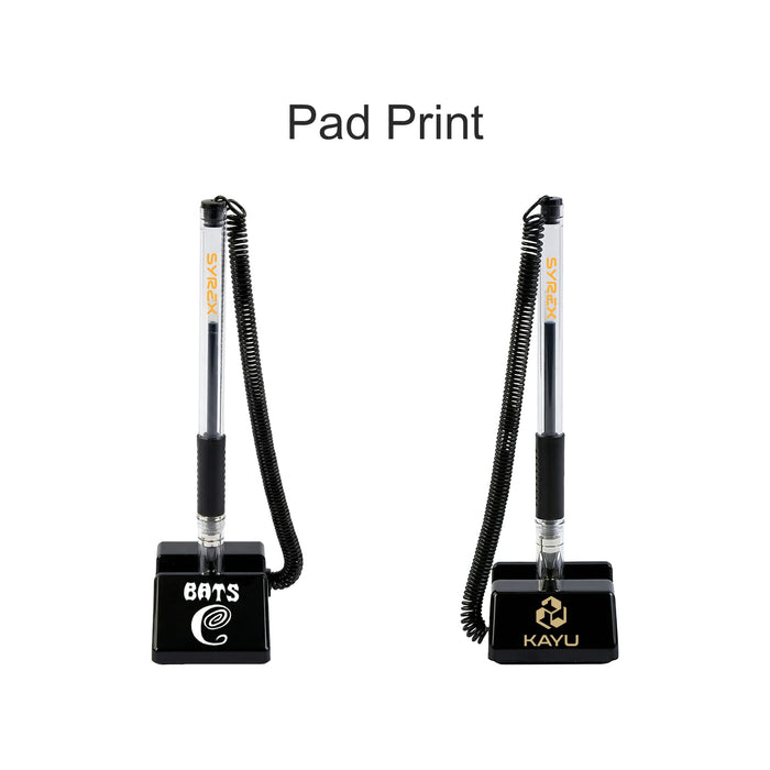 Counter Fixed Signature Pen A - Two fixed signature pens on bases, featuring a black colour scheme and coiled connectors, each with a logo.