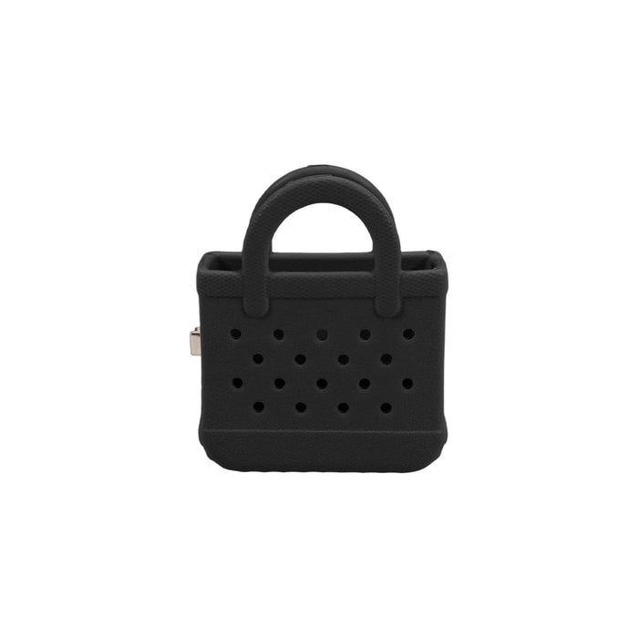 Mini EVA Holes Bag Clip - A black mini EVA holes bag clip with textured surface and handle features multiple perforations. It has a branding logo.