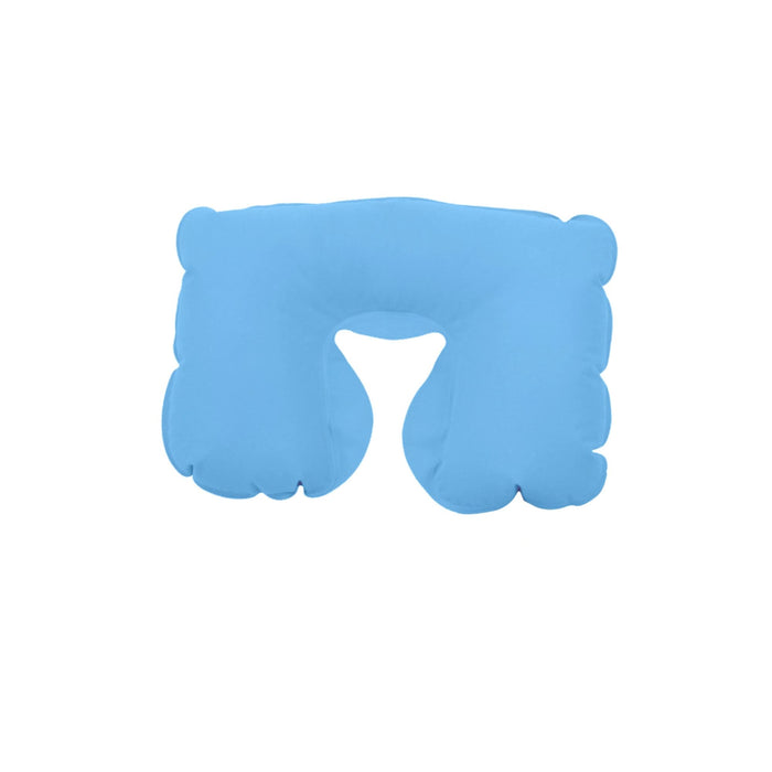 Inflatable travel Pillow - An inflatable travel pillow in light blue, shaped for neck support, featuring a logo on the surface.