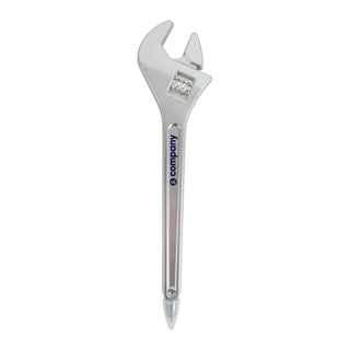 Spanner Shape Ballpoint Pen - A silver ballpoint pen shaped like a spanner, featuring a logo on the side.