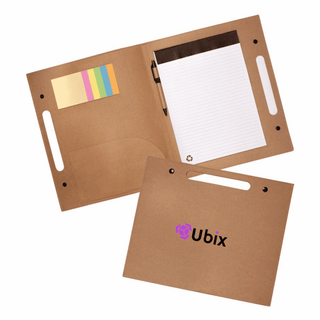 Enviro Folder with Pen - A brown Enviro Folder with a notepad, sticky notes, and a pen, featuring a logo.