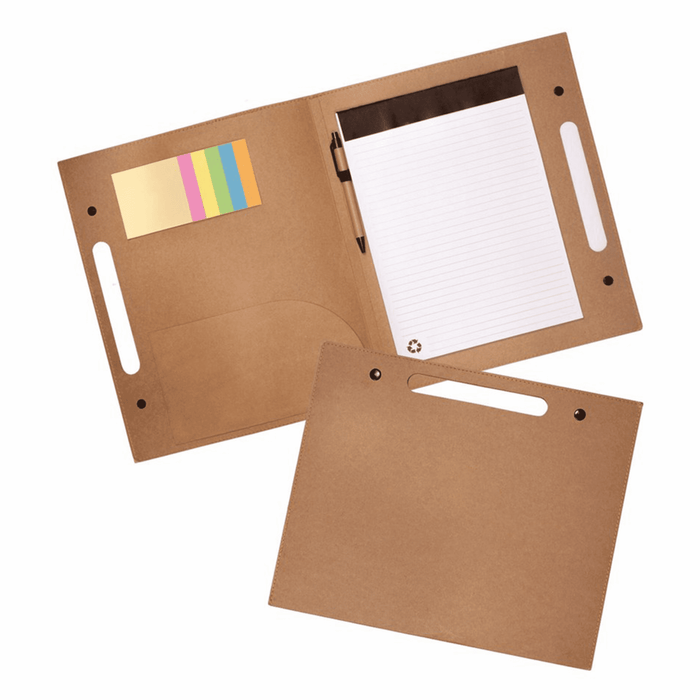 Enviro Folder with Pen - A brown Enviro Folder with a pen, includes a pad of lined paper and sticky notes in pastel colours.