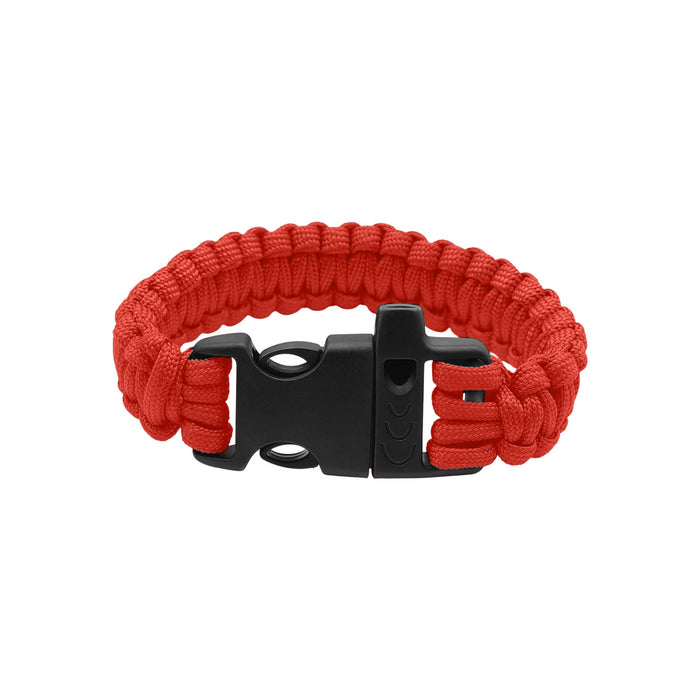 Paracord Bracelet With Whistle - A red paracord bracelet featuring a black buckle and whistle attachment. The design includes tightly woven paracord.