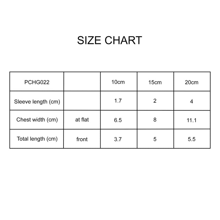 Plush Doll Basic T-Shirt - A size chart listing measurements for a plush doll basic T-shirt in various sizes. Features a clear table format.