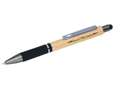 Vista Bamboo Stylus Pen - A bamboo stylus pen featuring a black grip and silver accents, complete with a branding logo.