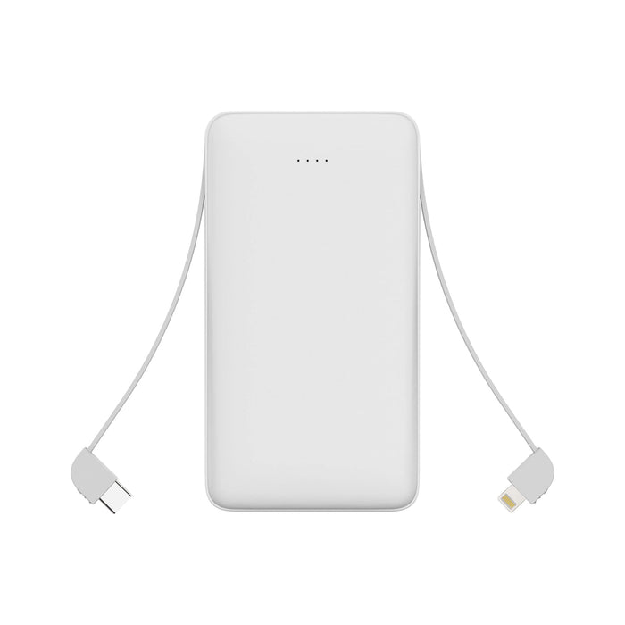 10000mAh Slim  Power Bank with Charging Cable - A white 10000mAh slim power bank with an attached charging cable in grey. It features indicator lights on the front.