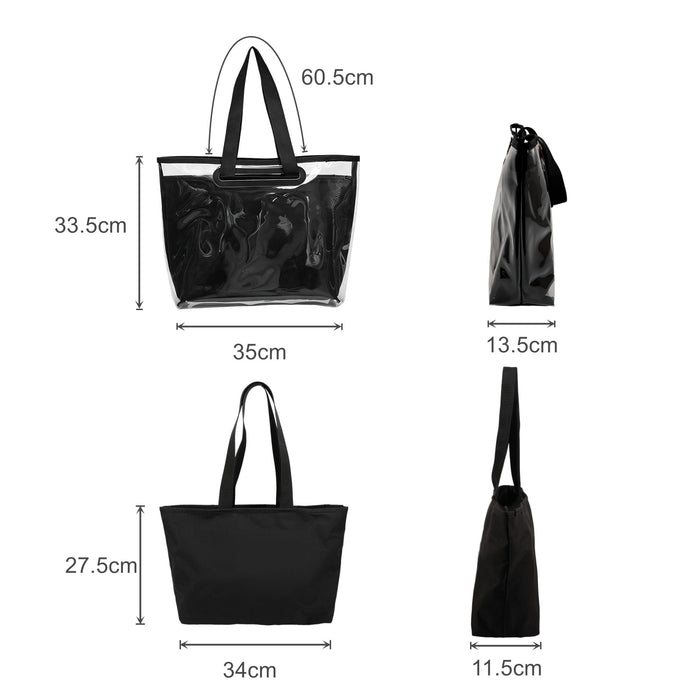 Tote Bag With Detachable PVC Cover - A black tote bag with detachable PVC cover, featuring black straps and varying dimensions displayed alongside.