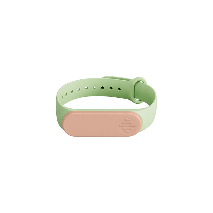Medicine Box Wristband - A green wristband with a pink oval-shaped detail and a logo. Adjustable with perforations for sizing.