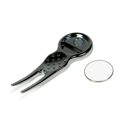 Elite Pitch Repairer & 24mm Ball Marker - A chrome pitch repairer with a ball marker, featuring a sleek design and a circular silver marker disc.