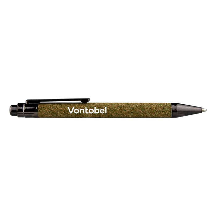Tea Grounds Pen - A green pen with a textured barrel and a black clip, featuring a logo.