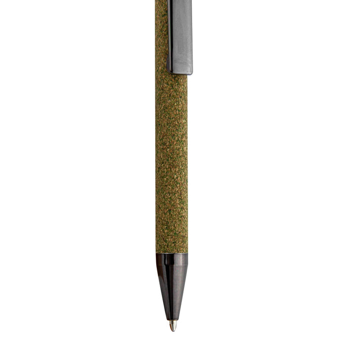 Tea Grounds Pen - A pen with a textured, green cork grip and a shiny black tip, featuring a clip for attachment.