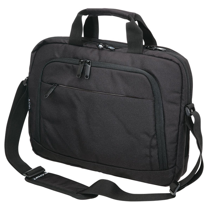 Exton Business Satchel - A black business satchel with dual handles, a detachable shoulder strap, and zippered pockets. It features a logo.