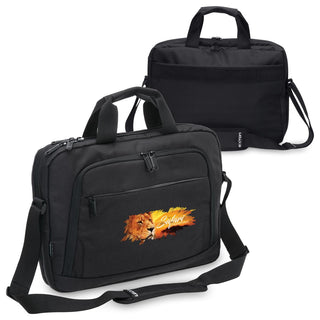 Exton Business Satchel - A black laptop bag with a front pocket featuring a lion graphic and detachable shoulder strap.