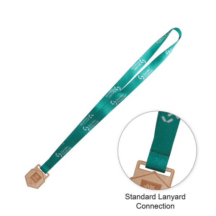 Custom Shaped Wooden Medal with RPET Lanyard - A custom-shaped wooden medal in light wood, attached to a green RPET lanyard with a logo.