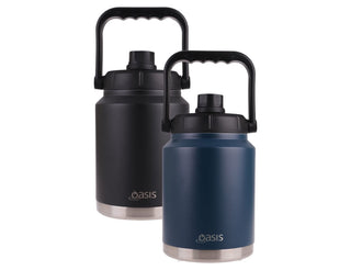 Oasis 2.1L Vacuum Carry Handle Jug - A drink bottle featuring a vacuum-insulated design, available in black and navy blue, with a carry handle and lid.