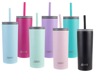Oasis Super Sipper 600ml Vacuum Tumbler - A drink bottle collection featuring eight vacuum tumblers in various pastel colours including blue, pink, green, and black, with straws.