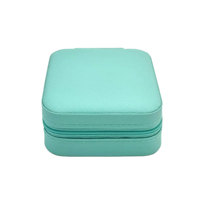 PU Leather Jewellery Box - A turquoise PU leather jewellery box with a zippered closure and a textured finish. It features a logo on the surface.