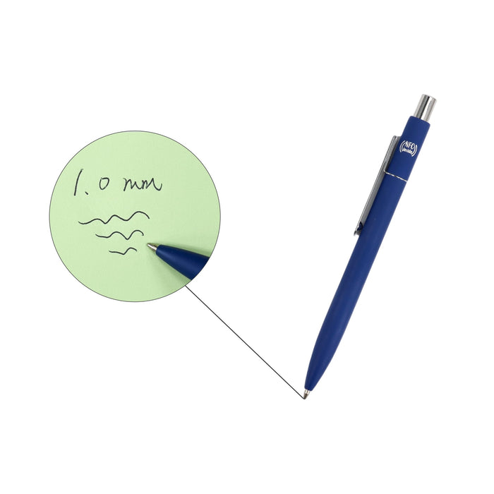 NFC Metal Ballpoint Pen - A blue NFC metal ballpoint pen with a silver clip, resting next to a notepad with handwritten notes.