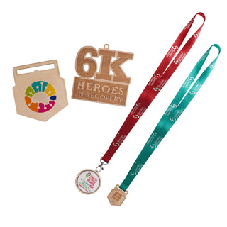 Custom Shaped Wooden Medal with RPET Lanyard - Custom shaped wooden medal in natural finish with RPET lanyards in red and green, featuring a branded logo.